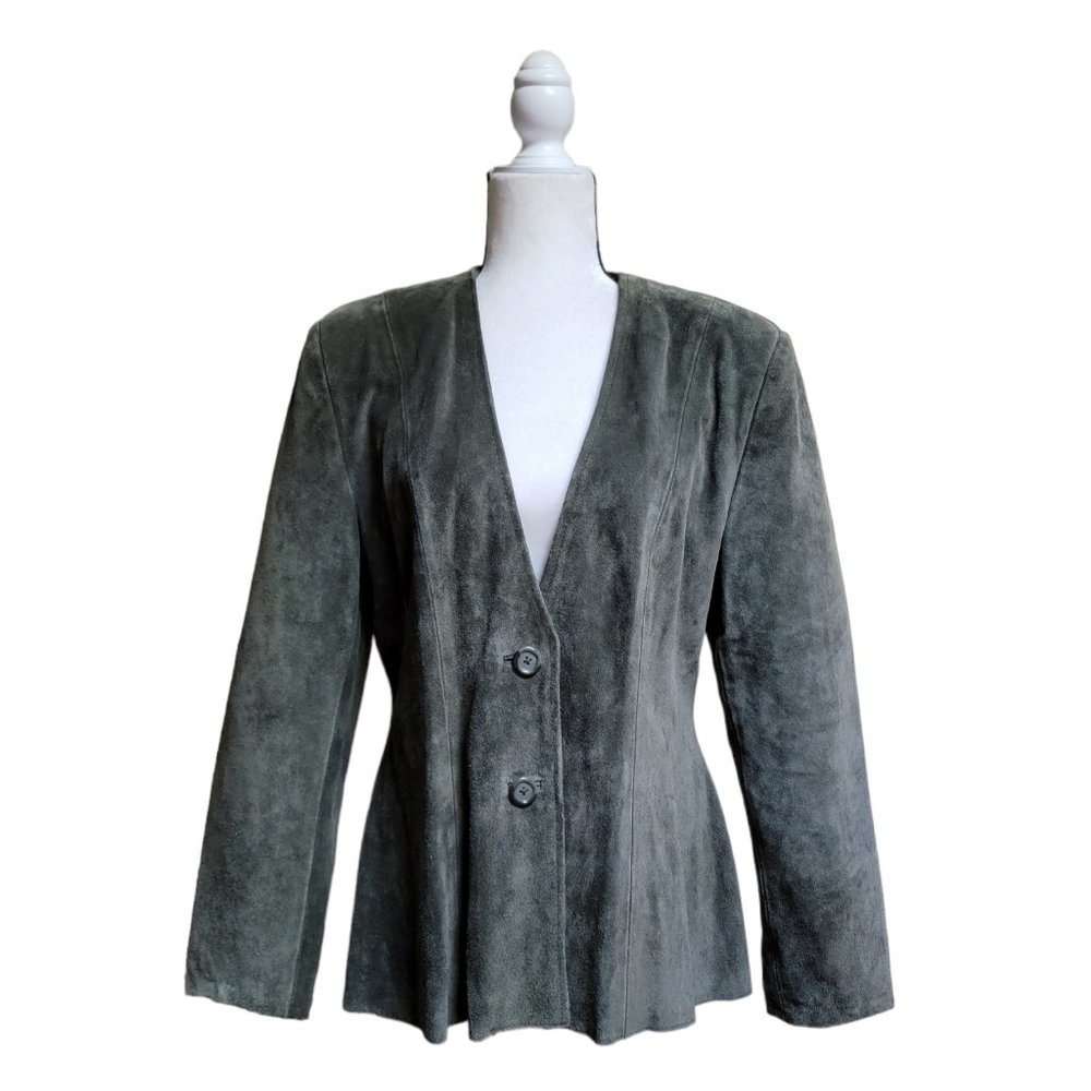Vintage Deerskin Genuine Leather Suede Blazer Jacket Coat Olive Green 14
